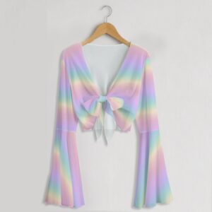 Pastel rainbow gradient mesh crop top with bell sleeves and tie front bow, soft ombre pink purple blue yellow colourway, women's fit front view on hanger