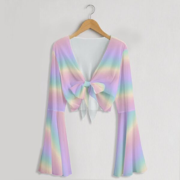 bell-sleeve-mesh-top-rainbowpastel1-fr Pastel rainbow gradient mesh crop top with bell sleeves and tie front bow, soft ombre pink purple blue yellow colourway, women's fit front view on hanger