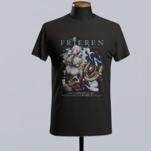 Frieren anime t-shirt in black with character graphic print from Beyond Journey's End, unisex classic fit