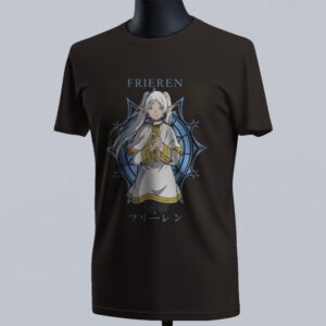 Frieren anime t-shirt in black with character graphic print from Beyond Journey's End, unisex classic fit