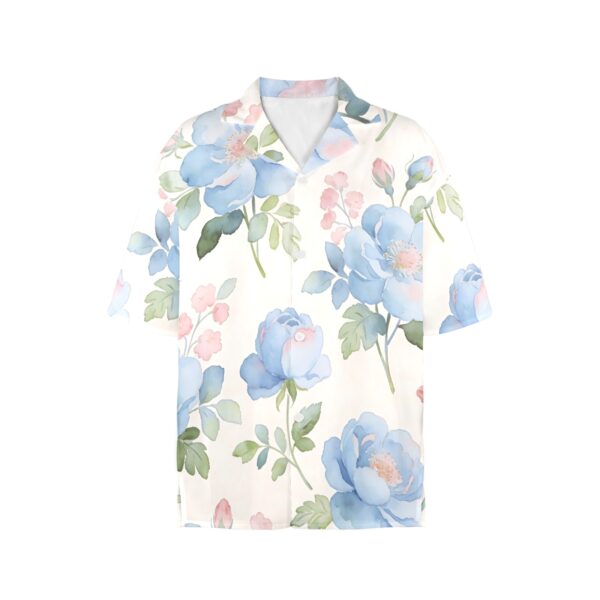 bluerose-hawaiian shirt (2) Women's floral Hawaiian shirt with all-over watercolour blue rose and pink blossom print on white, short sleeve notch lapel collar casual fit