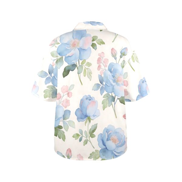 bluerose-hawaiian shirt Women's floral Hawaiian shirt with all-over watercolour blue rose and pink blossom print on white, short sleeve notch lapel collar casual fit