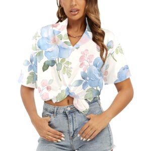 bluerose-hawaiian shirt1 Women's floral Hawaiian shirt with all-over watercolour blue rose and pink blossom print on white, short sleeve notch lapel collar casual fit