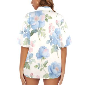Women's floral Hawaiian shirt with all-over watercolour blue rose and pink blossom print on white, short sleeve notch lapel collar casual fit