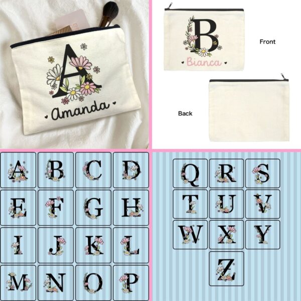 Personalised floral initial zipper pouch with letter A and name Amanda in script font surrounded by pink and white daisy print on cream canvas makeup bag