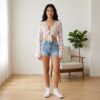 Women's Cherry Print Mesh Crop Top | Bell Sleeve Tie Front S-5XL
