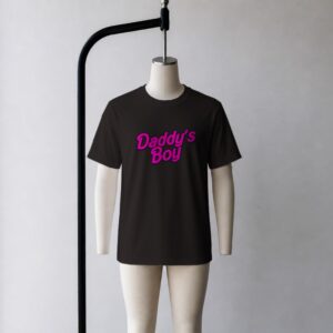Daddy's Boy t-shirt in black with pink retro Barbie-style graphic, unisex fit, front view on mannequin