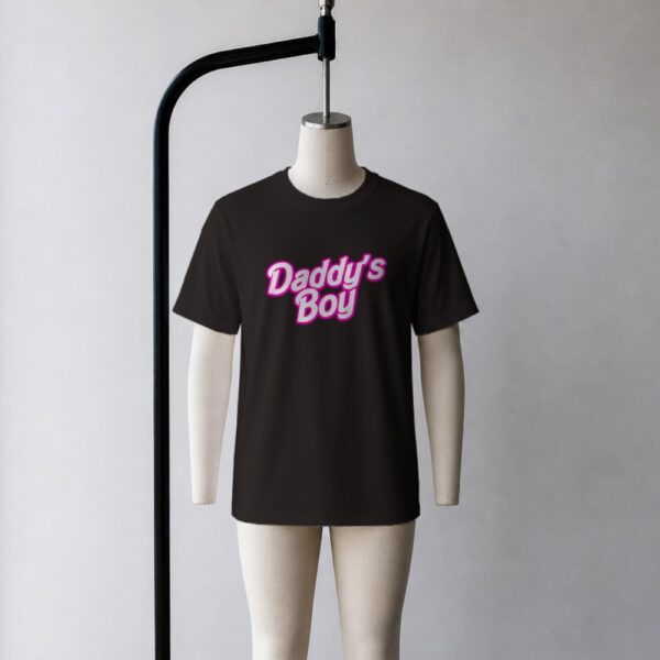Daddy's Boy graphic tee in black cotton, bold pink retro text print, unisex relaxed fit