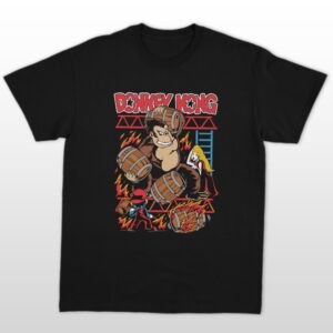 Donkey Kong t-shirt in black with retro arcade graphic of DK hurling barrels at Mario, unisex classic fit front view