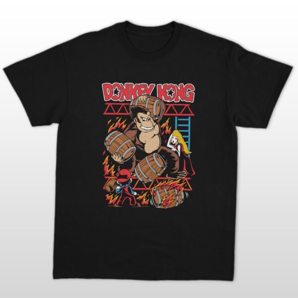Donkey Kong t-shirt in black with retro arcade graphic of DK hurling barrels at Mario, unisex classic fit front view