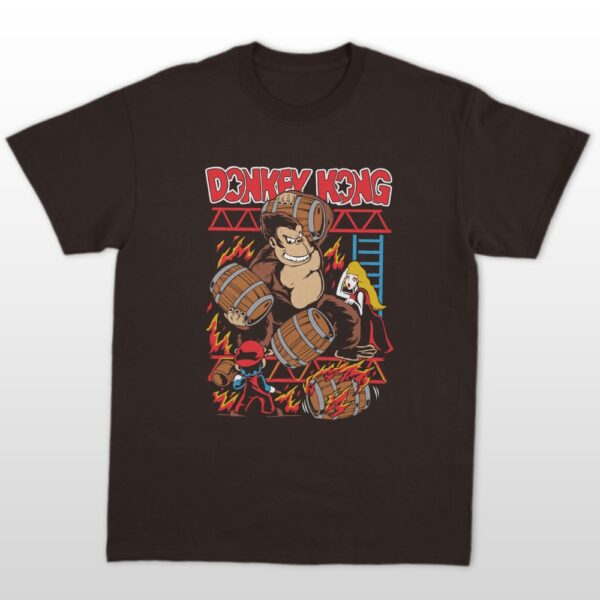 Donkey Kong t-shirt in dark chocolate brown with retro arcade graphic of DK hurling barrels at Mario, unisex classic fit front view