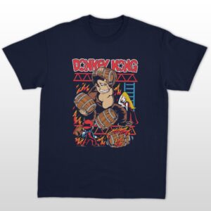 Donkey Kong t-shirt in navy with retro arcade graphic of DK hurling barrels at Mario, unisex classic fit front view