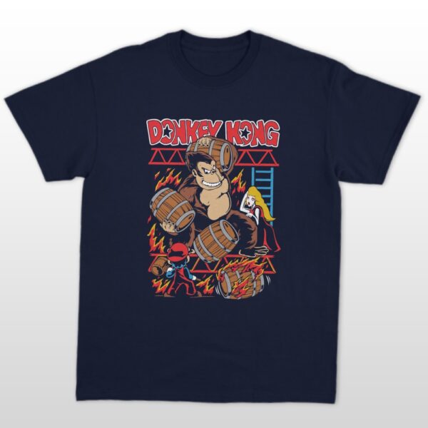 Donkey Kong t-shirt in navy with retro arcade graphic of DK hurling barrels at Mario, unisex classic fit front view