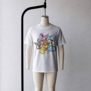 Eevee t-shirt in white with all Eeveelution group graphic including Umbreon, Espeon, Sylveon, Glaceon, Vaporeon, Jolteon and Flareon, unisex fit front view