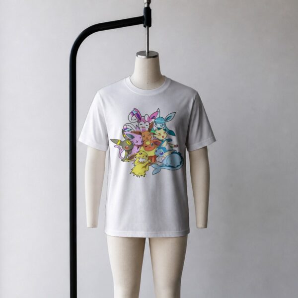 Eevee t-shirt in white with all Eeveelution group graphic including Umbreon, Espeon, Sylveon, Glaceon, Vaporeon, Jolteon and Flareon, unisex fit front view
