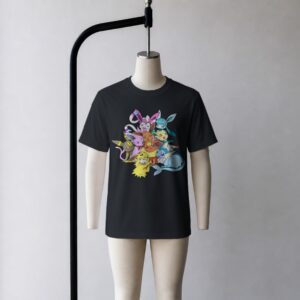 Eevee t-shirt in black with all Eeveelution group graphic including Umbreon, Espeon, Sylveon, Glaceon, Vaporeon, Jolteon and Flareon, unisex fit front view
