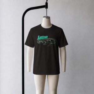 Later Gator t-shirt in black with bold retro green alligator graphic, unisex relaxed fit, front view on mannequin