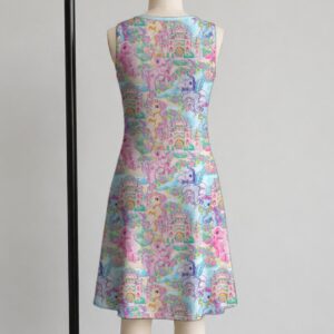 My Little Pony sleeveless dress with all-over retro G1 pony print in pastel pink blue purple and yellow, flowy knee length relaxed fit front view on mannequin