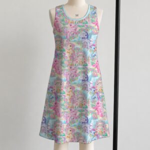 mlp-sleeveless-dress-fr1 My Little Pony sleeveless dress with all-over retro G1 pony print in pastel pink blue purple and yellow, flowy knee length relaxed fit front view on mannequin
