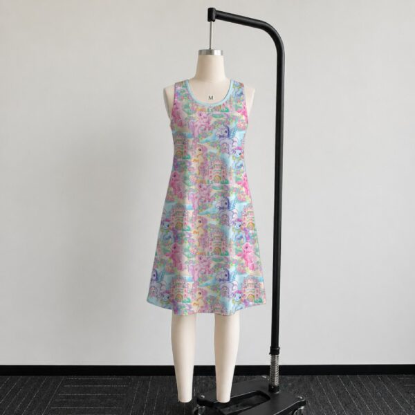 My Little Pony sleeveless dress with all-over retro G1 pony print in pastel pink blue purple and yellow, flowy knee length relaxed fit front view on mannequin