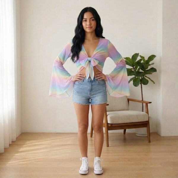 pastelrainbow-mesh-top Pastel rainbow gradient mesh crop top with bell sleeves and tie front bow, soft ombre pink purple blue yellow colourway, women's fit front view