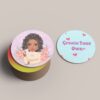 Set of 4 personalised round wooden coasters with glossy finish, custom design printed on eco-friendly biodegradable wood, 9x9cm