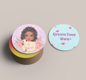 Set of 4 personalised round wooden coasters with glossy finish, custom design printed on eco-friendly biodegradable wood, 9x9cm