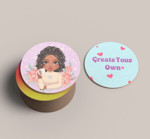 Set of 4 personalised round wooden coasters with glossy finish, custom design printed on eco-friendly biodegradable wood, 9x9cm