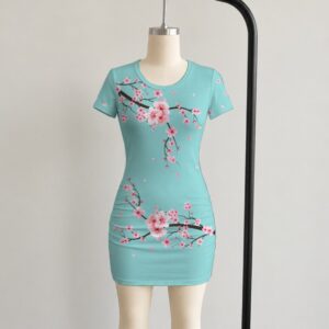 sakura-shortsleeve-bodycon-fr Cherry blossom bodycon dress in mint green with pink sakura floral print, short sleeve mini dress front view