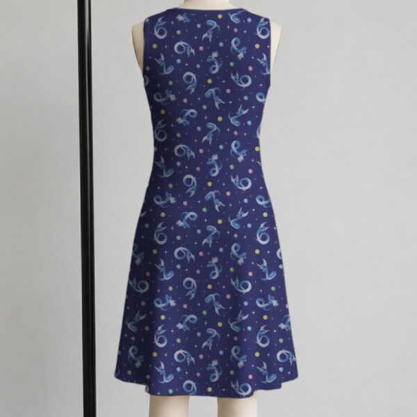 sleeveless-dress-dragonair-bk1 Dragonair Pokemon sleeveless dress with all-over print of Dragonair on deep navy background with white stars and pastel colour orbs, flowy knee length front view on mannequin