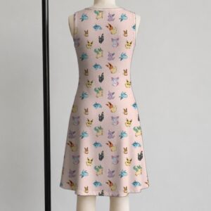 Eeveelution Pokemon sleeveless dress with all-over kawaii print of Eevee Umbreon Espeon Sylveon Glaceon Vaporeon Jolteon and Flareon on soft pink background, flowy knee length front view on mannequin