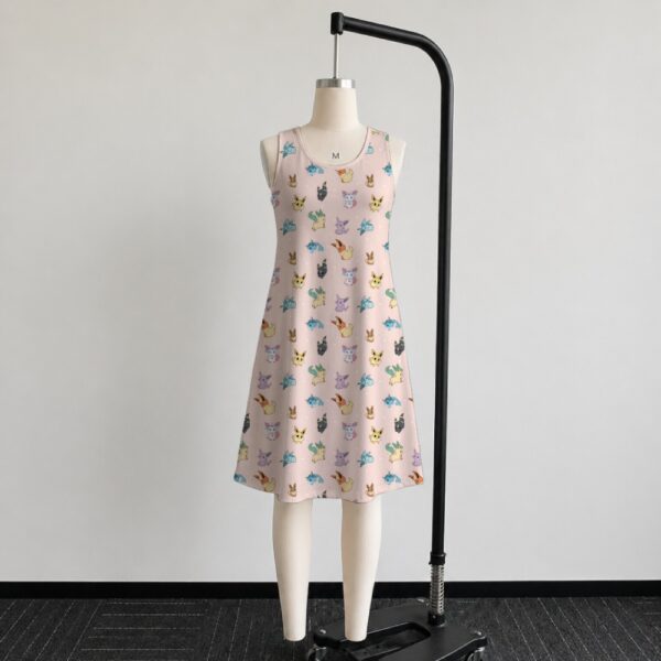 sleeveless-dress-eevees-fr2 Eeveelution Pokemon sleeveless dress with all-over kawaii print of Eevee Umbreon Espeon Sylveon Glaceon Vaporeon Jolteon and Flareon on soft pink background, flowy knee length front view on mannequin