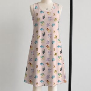 sleeveless-dress-eeves-fr1 Eeveelution Pokemon sleeveless dress with all-over kawaii print of Eevee Umbreon Espeon Sylveon Glaceon Vaporeon Jolteon and Flareon on soft pink background, flowy knee length front view on mannequin