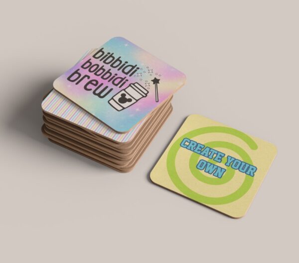 Set of 4 personalised square wooden coasters with glossy finish, custom design printed on eco-friendly biodegradable wood, 9x9cm