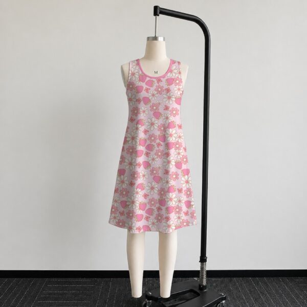 strawberry-daisy-sleeveless-dress-fr1 Pink strawberry daisy sleeveless dress with all-over print of strawberries daisies and butterflies on soft pink background, flowy knee length front view on mannequin
