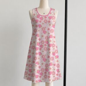 Pink strawberry daisy sleeveless dress with all-over print of strawberries daisies and butterflies on soft pink background, flowy knee length front view on mannequin