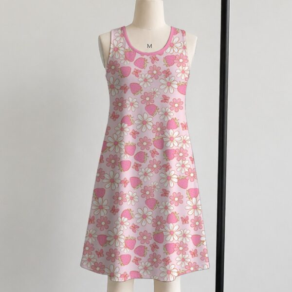strawberry-daisy-sleeveless-dress-fr2 Pink strawberry daisy sleeveless dress with all-over print of strawberries daisies and butterflies on soft pink background, flowy knee length front view on mannequin