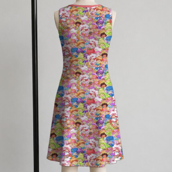 Strawberry Shortcake retro all-over print sleeveless dress with side pockets, pink trim round neckline