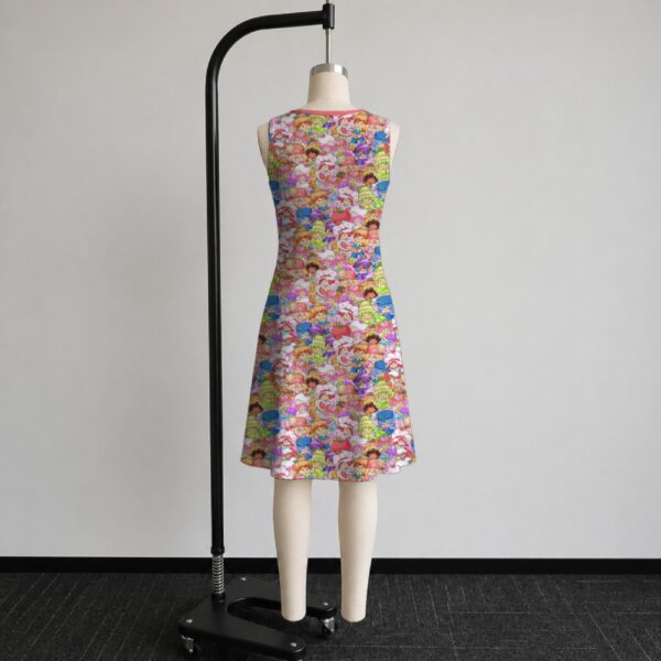 Strawberry Shortcake retro all-over print sleeveless dress with side pockets, pink trim round neckline
