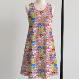 Strawberry Shortcake retro all-over print sleeveless dress with side pockets, pink trim round neckline