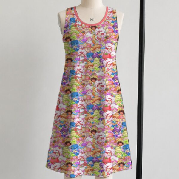 Strawberry Shortcake retro all-over print sleeveless dress with side pockets, pink trim round neckline