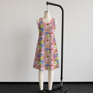 Strawberry Shortcake retro all-over print sleeveless dress with side pockets, pink trim round neckline