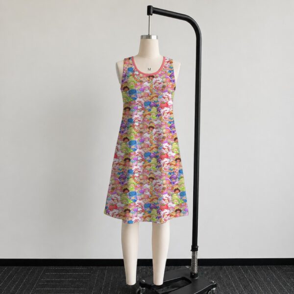 Strawberry Shortcake retro all-over print sleeveless dress with side pockets, pink trim round neckline