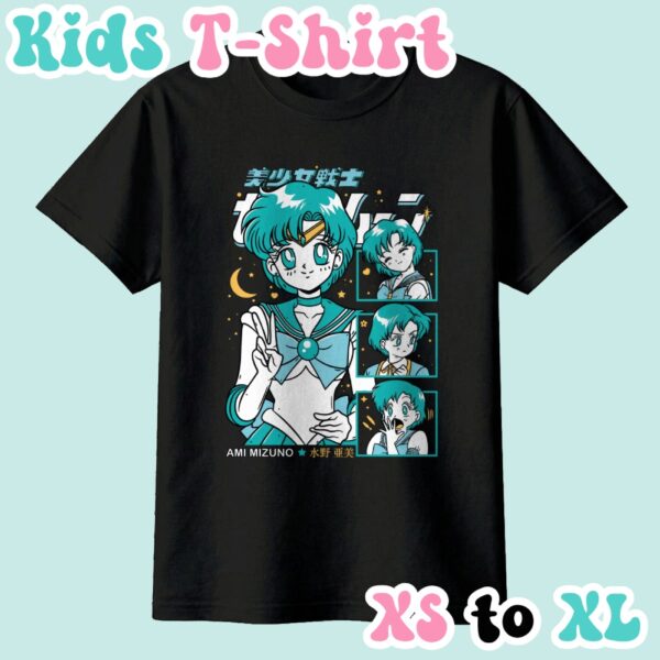 Sailor Mercury kids t-shirt anime print with retro magazine style layout