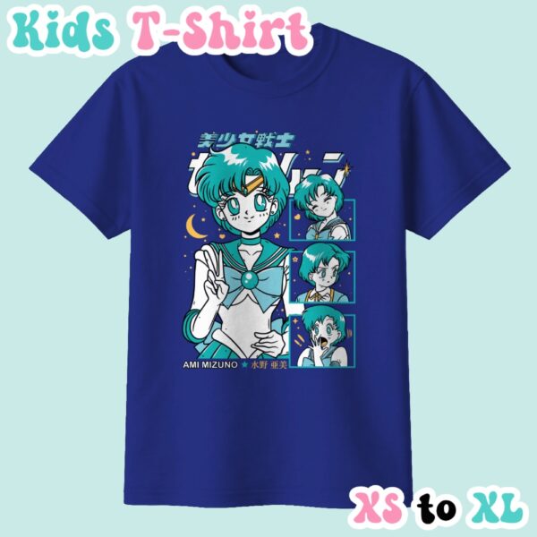 Sailor Mercury kids t-shirt anime print with retro magazine style layout