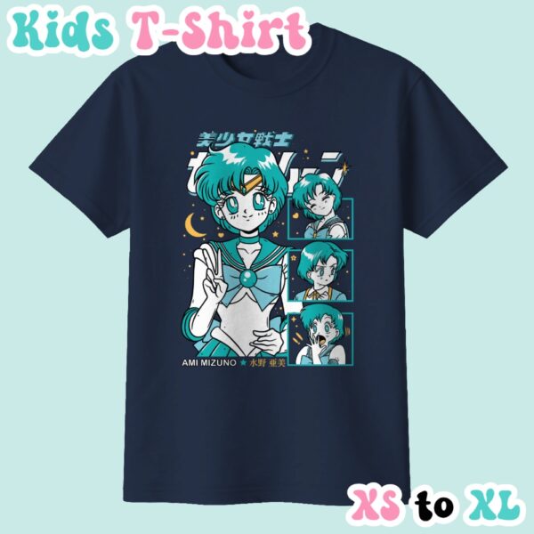 Sailor Mercury kids t-shirt anime print with retro magazine style layout