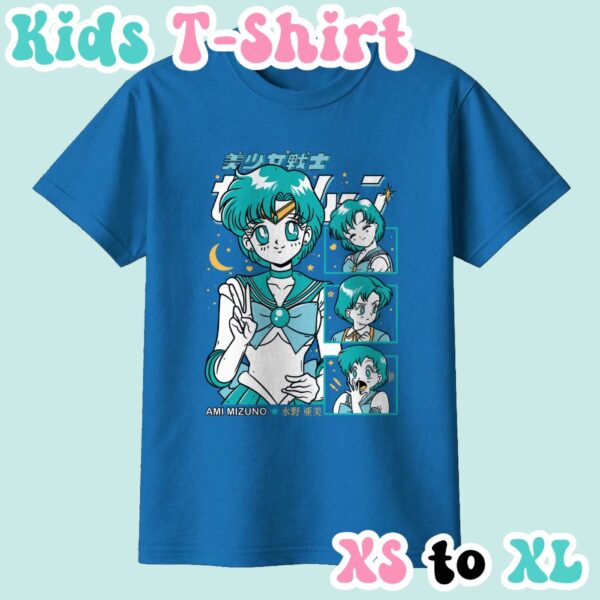 Sailor Mercury kids t-shirt anime print with retro magazine style layout