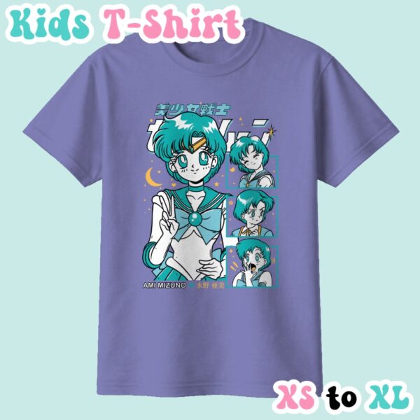 Sailor Mercury kids t-shirt anime print with retro magazine style layout