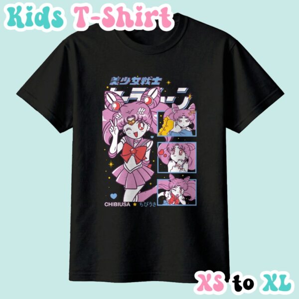 Chibiusa kids t-shirt featuring Sailor Chibi Moon anime print with retro magazine style layout
