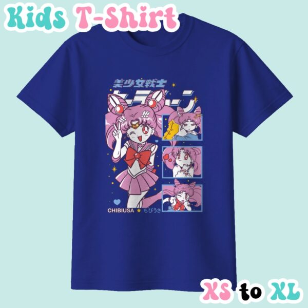 Chibiusa kids t-shirt featuring Sailor Chibi Moon anime print with retro magazine style layout